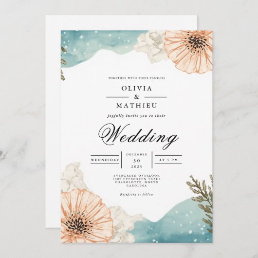 Muted Peach Botanical Flourish Wedding 招待状 (正面/裏面)