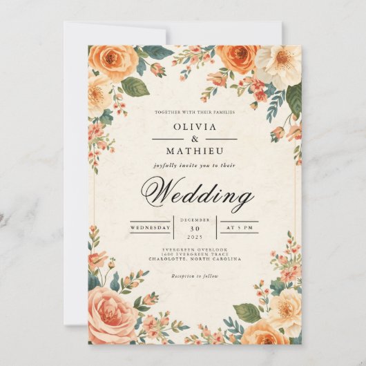 Muted Peach Floral Frame Wedding 招待状 (正面)
