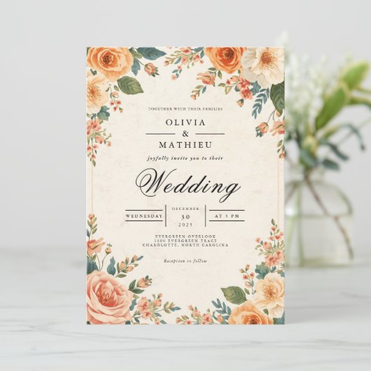 Muted Peach Floral Frame Wedding 招待状 (スタンド正面)