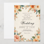Muted Peach Floral Frame Wedding 招待状 (正面/裏面)