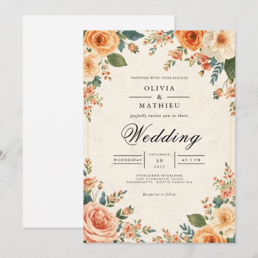 Muted Peach Floral Frame Wedding 招待状 (正面/裏面)