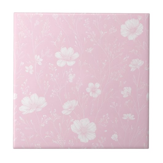 Muted Pink And White Wildflower Pattern タイル (正面)