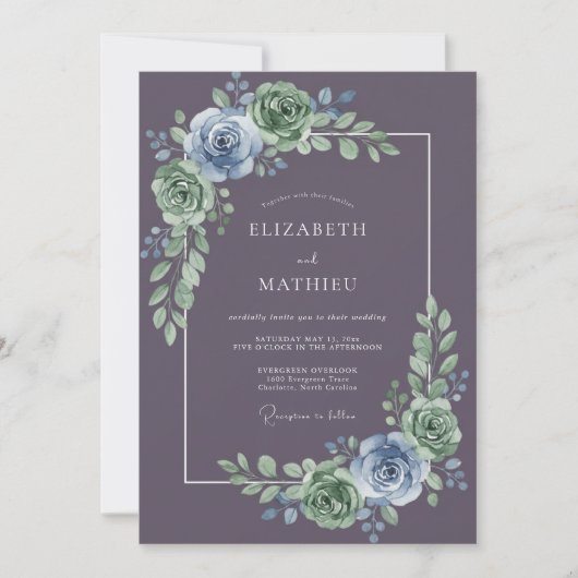 Muted Purple Moody Botanical Wedding 招待状 (正面)
