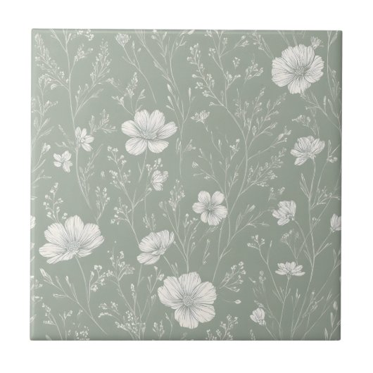 Muted Sage Green And White Wildflower Pattern タイル (正面)