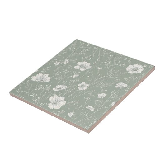 Muted Sage Green And White Wildflower Pattern タイル (側面)