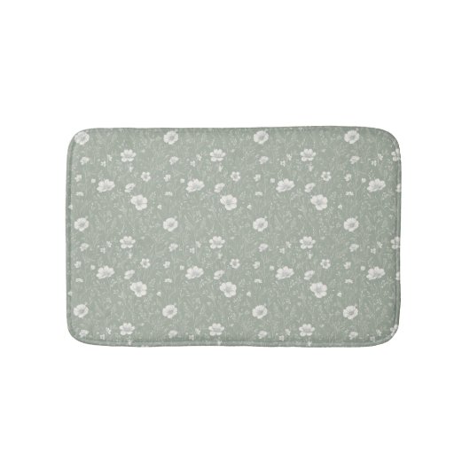 Muted Sage Green And White Wildflower Pattern バスマット (正面)