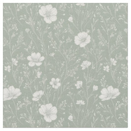 Muted Sage Green And White Wildflower Pattern ファブリック