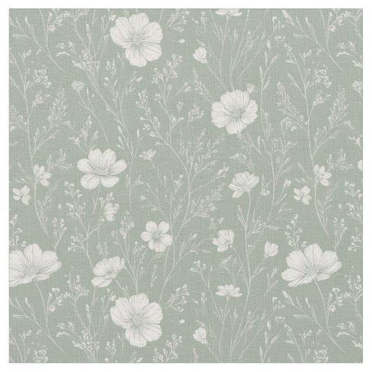 Muted Sage Green And White Wildflower Pattern ファブリック (クローズアップ)