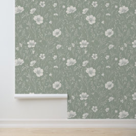 Muted Sage Green And White Wildflower Pattern 壁紙