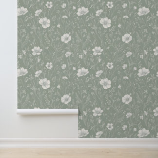 Muted Sage Green And White Wildflower Pattern 壁紙