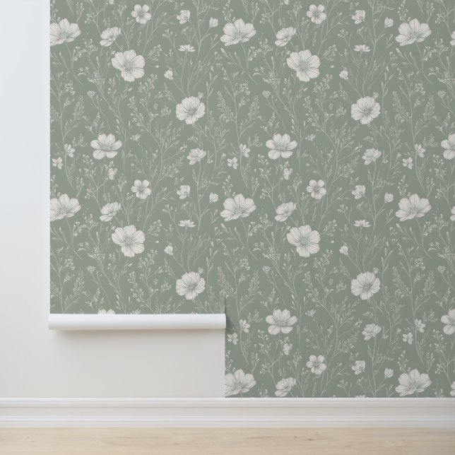 Muted Sage Green And White Wildflower Pattern 壁紙 (アプリケーション)