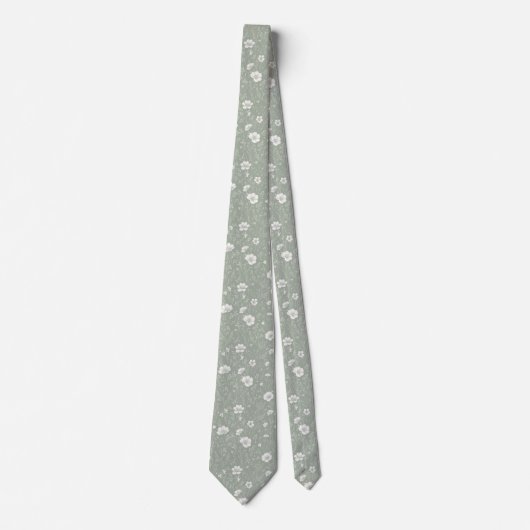 Muted Sage Green And White Wildflower Patterned ネクタイ (正面)