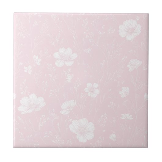 Muted Soft Pink And White Wildflower Pattern タイル (正面)