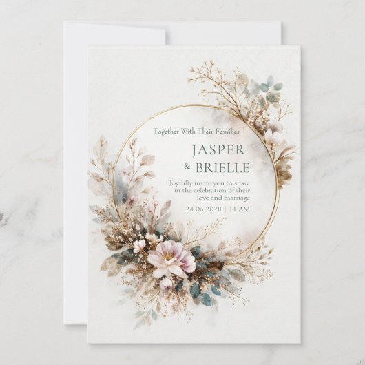 Muted Teal Watercolor Gold Circle Wedding 招待状 (正面)