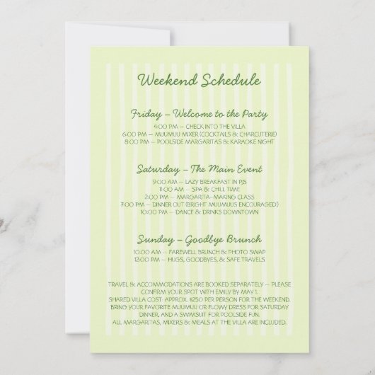 Muumuus & Margaritas Green Bachelorette Weekend 招待状 (裏面)