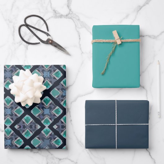 MVB Double Diamond Tribal Blue Pattern ラッピングペーパーシート (正面)