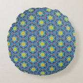 MVB Retro Blue Pattern with Yellow Flower Design  ラウンドクッション (正面)