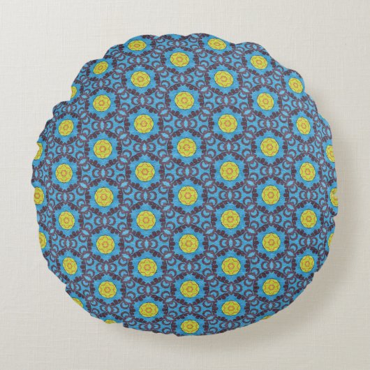 MVB Retro Blue Pattern with Yellow Flower Design ラウンドクッション (正面)