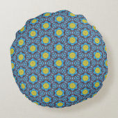 MVB Retro Blue Pattern with Yellow Flower Design ラウンドクッション (裏面)