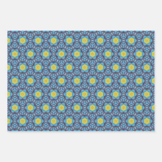 MVB Retro Blue Pattern with Yellow Flower Design ラッピングペーパーシート (正面)