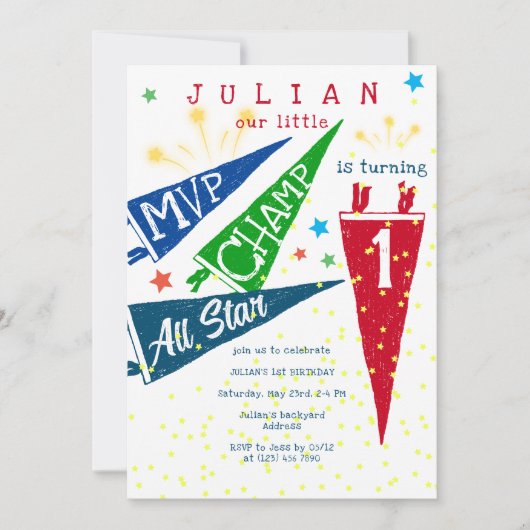 MVP チャンピオン オールスターズ モダン カラフル 1歳 誕生日 招待状 (正面)