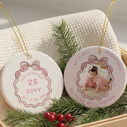 My 1st Christmas Pink Bow Baby Photo Keepsake セラミックオーナメント