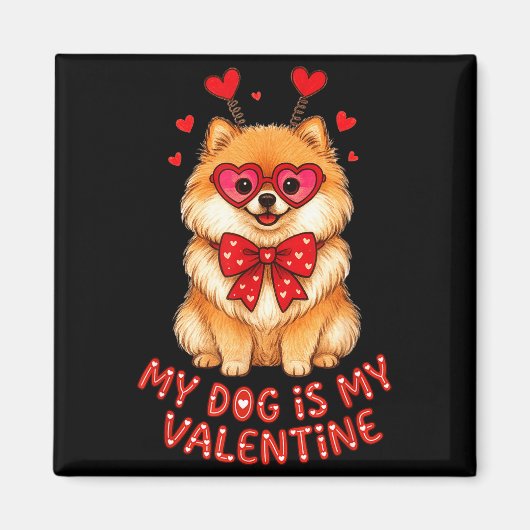 My Dog Is My Valentine Cute Meranian With Heart Gl マグネット (正面)