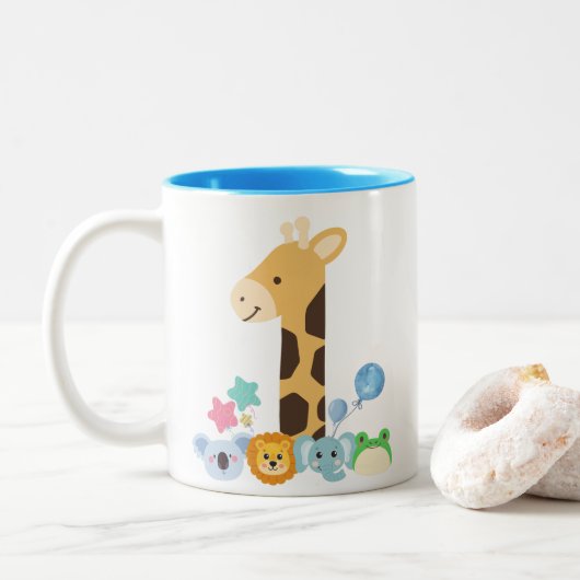 My First Birthday. Giraffe and Happy Animals Desig ツートーンマグカップ (ドーナツ)