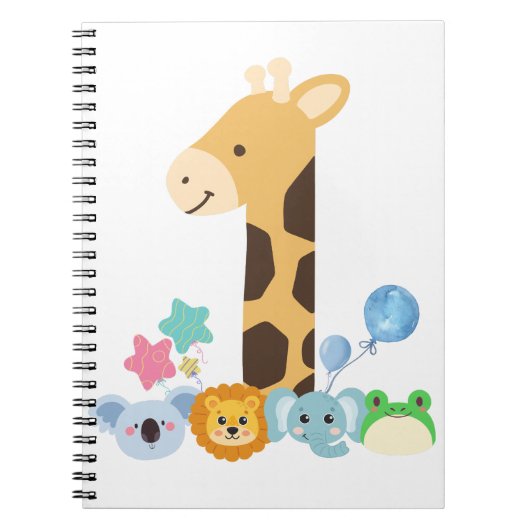 My First Birthday. Giraffe and Happy Animals Desig ノートブック (正面)