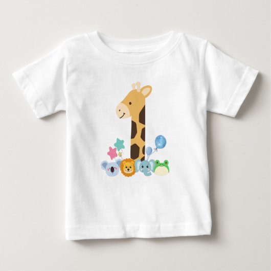 My First Birthday. Giraffe and Happy Animals Desig ベビーTシャツ (正面)