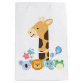 My First Birthday. Giraffe and Happy Animals Desig ミディアムペーパーバッグ (正面)