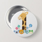 My First Birthday. Giraffe and Happy Animals Desig 缶バッジ (正面&裏面)