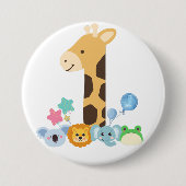 My First Birthday. Giraffe and Happy Animals Desig 缶バッジ (正面)