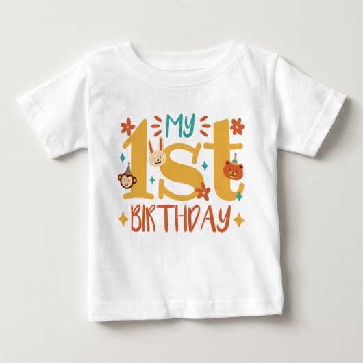 "My first birthday" with cute animals ベビーTシャツ (正面)