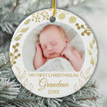 My First Christmas As Grandma Gold Foliage Photo セラミックオーナメント<br><div class="desc">This elegant Grandma Christmas Ornament is decorated with gold foliage on a white background.
Easily customizable with baby's photo and year.
Original Watercolor © Michele Davies.</div>