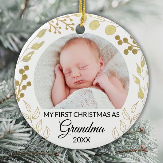 My First Christmas As Grandma Photo Gold Foliage セラミックオーナメント