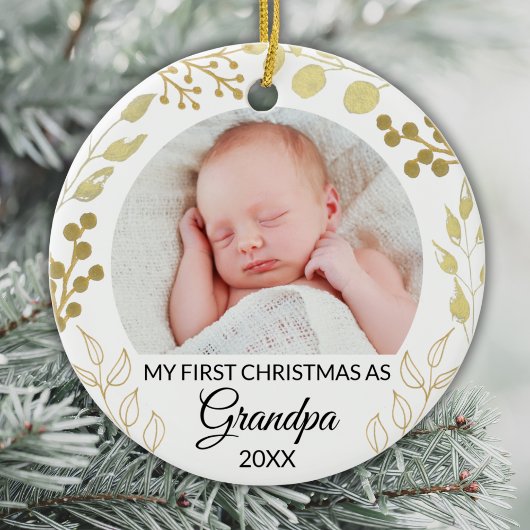 My First Christmas As Grandpa Photo Gold Foliage セラミックオーナメント