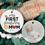 My first Christmas as mom with name and photo セラミックオーナメント<br><div class="desc">Show your happiness for your first Christmas as a mom with this lovely first Christmas ornament decorated with a red Santa hat,  holly leaves,  and colorful Christmas lights. Easily customizable with the baby's name and date of birth and one of your favorite pictures on the reverse.</div>