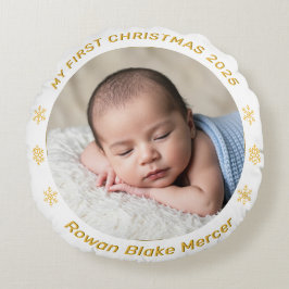 My First Christmas Gold Personalized Baby Photo  ラウンドクッション