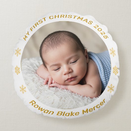 My First Christmas Gold Personalized Baby Photo  ラウンドクッション (正面)