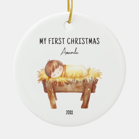 My First Christmas Personalized Baby in Manger セラミックオーナメント (正面)
