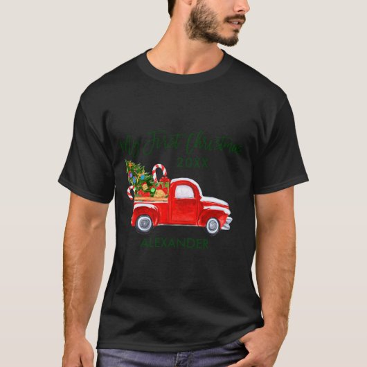 My First Christmas Red Truck Candy Canes Gray Baby Tシャツ (正面)