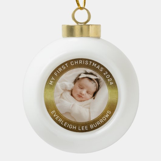 My First Christmas White Personalized Baby Photo  セラミックボールオーナメント (正面)