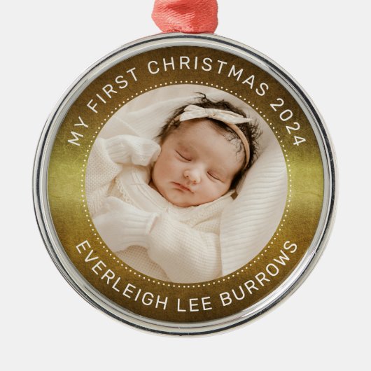 My First Christmas White Personalized Baby Photo  メタルオーナメント (正面)