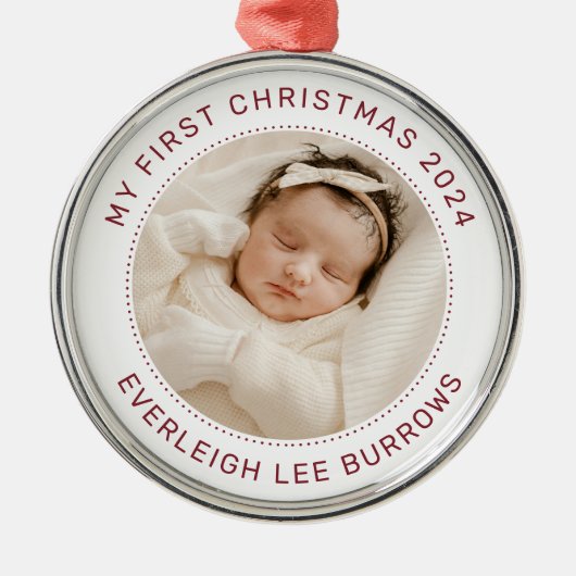 My First Christmas White Personalized Baby Photo  メタルオーナメント (正面)