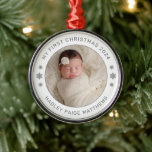 My First Christmas White Personalized Baby Photo メタルオーナメント<br><div class="desc">Personalize this modern and elegant 'My First Christmas' ornament with your baby girl's photo,  her full name,  and the year of her birth. Elegant white and pewter gray round-shaped text and snowflake accents beautifully frames her photo. Photo tip: crop photo to a square format before uploading to the site.</div>