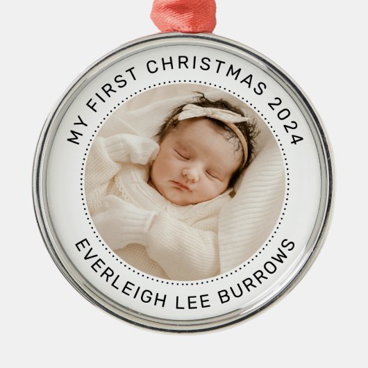 My First Christmas White Personalized Baby Photo  メタルオーナメント (正面)
