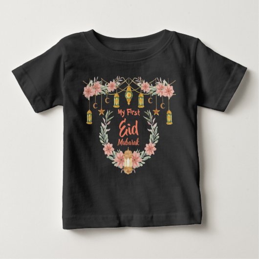 My First Eid Mubarak Cute Flowers Lamp Moon Stars  ベビーTシャツ (正面)