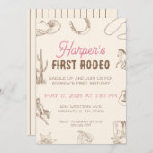 My First Rodeo 1st Birthday Invitation Pink Girl 招待状 (正面/裏面)