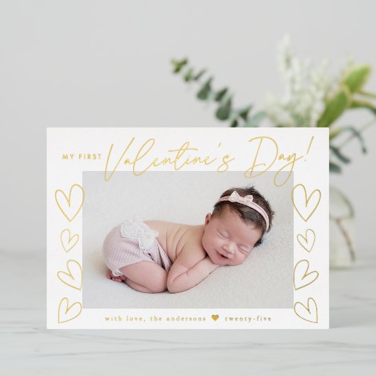My First Valentine's Day金ゴールドスクリプトの写真 箔シーズンカード (立ち正面)